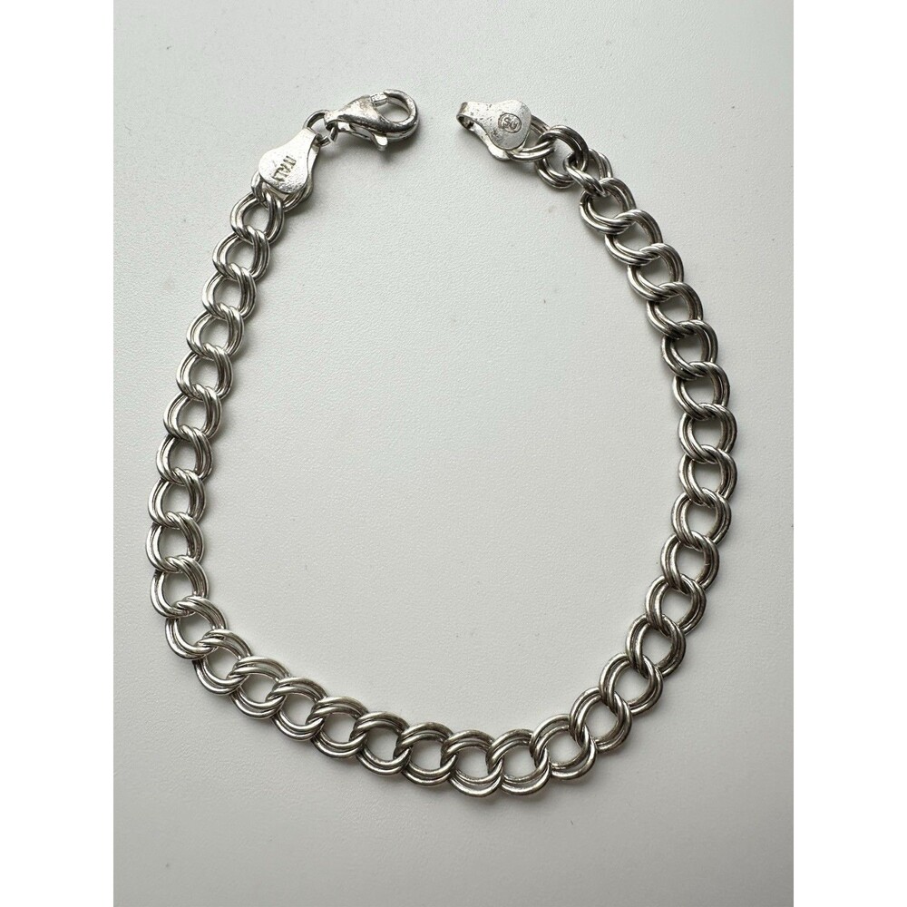 Vintage Sterling Silver 925 Double Link Flat Charm Bracelet 8”